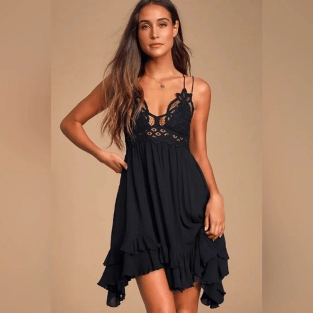 Free People -1211 Women's One Adella Slip Lace Dress in‎ Black Size Small - Picture 2 of 13